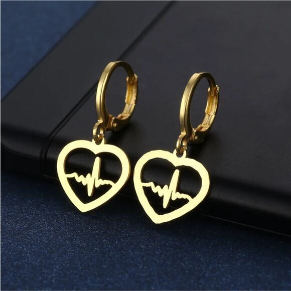 NEW 18K yellow gold plated heart w heartbeat hoop drop earrings jewelry B5A - Picture 2 of 3